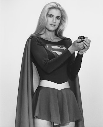 American actress Helen Slater stars as the titular superhero in the film 'Supergirl', 1984. (Photo b...