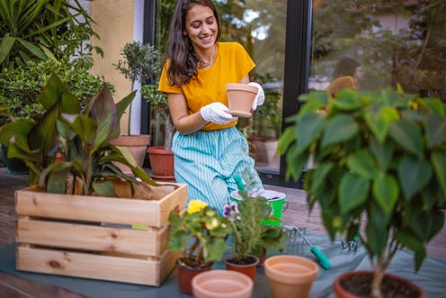 Photo of a young woman taking care of her plants at balcony