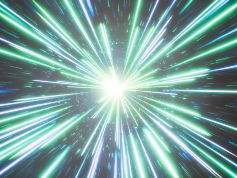 A warp bubble with green and blue beaming lights coming from the central point