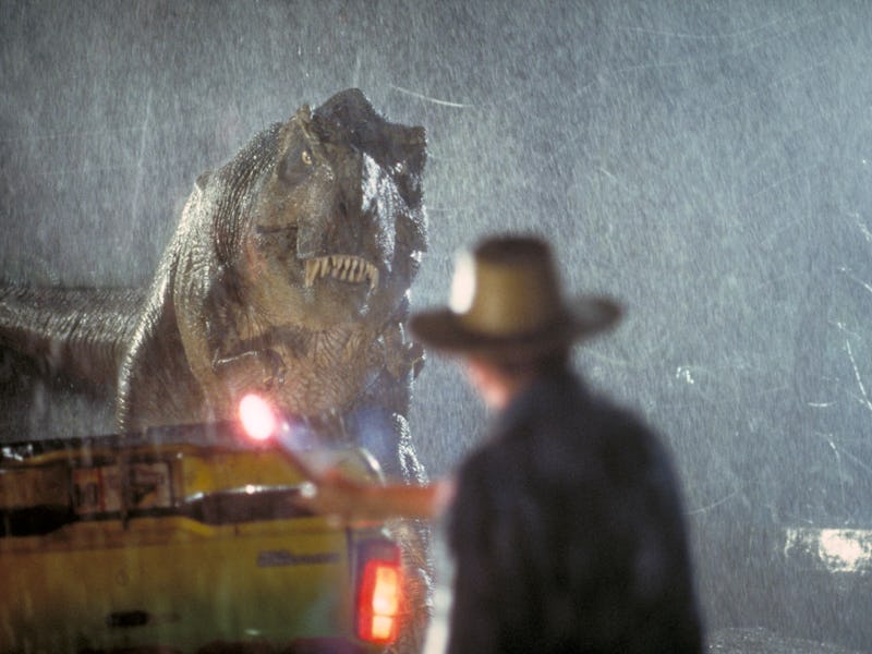 Actor Sam Neill as Dr. Alan Grant takes on a Tyrannosaurus Rex in a scene from the film 'Jurassic Pa...