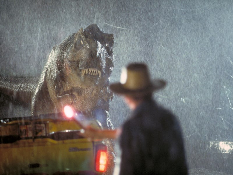 Actor Sam Neill as Dr. Alan Grant takes on a Tyrannosaurus Rex in a scene from the film 'Jurassic Pa...