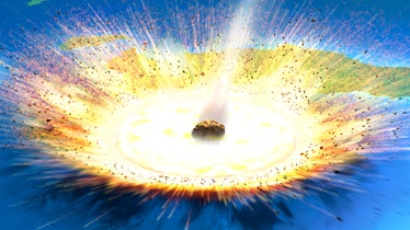 Asteroid impact. Illustration of a large asteroid colliding with Earth on the Yucatan Peninsula in M...