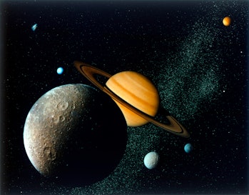 Saturnian System from Voyager 1, c1980s. The Voyager 1 space probe was launched by NASA on 5 Septemb...