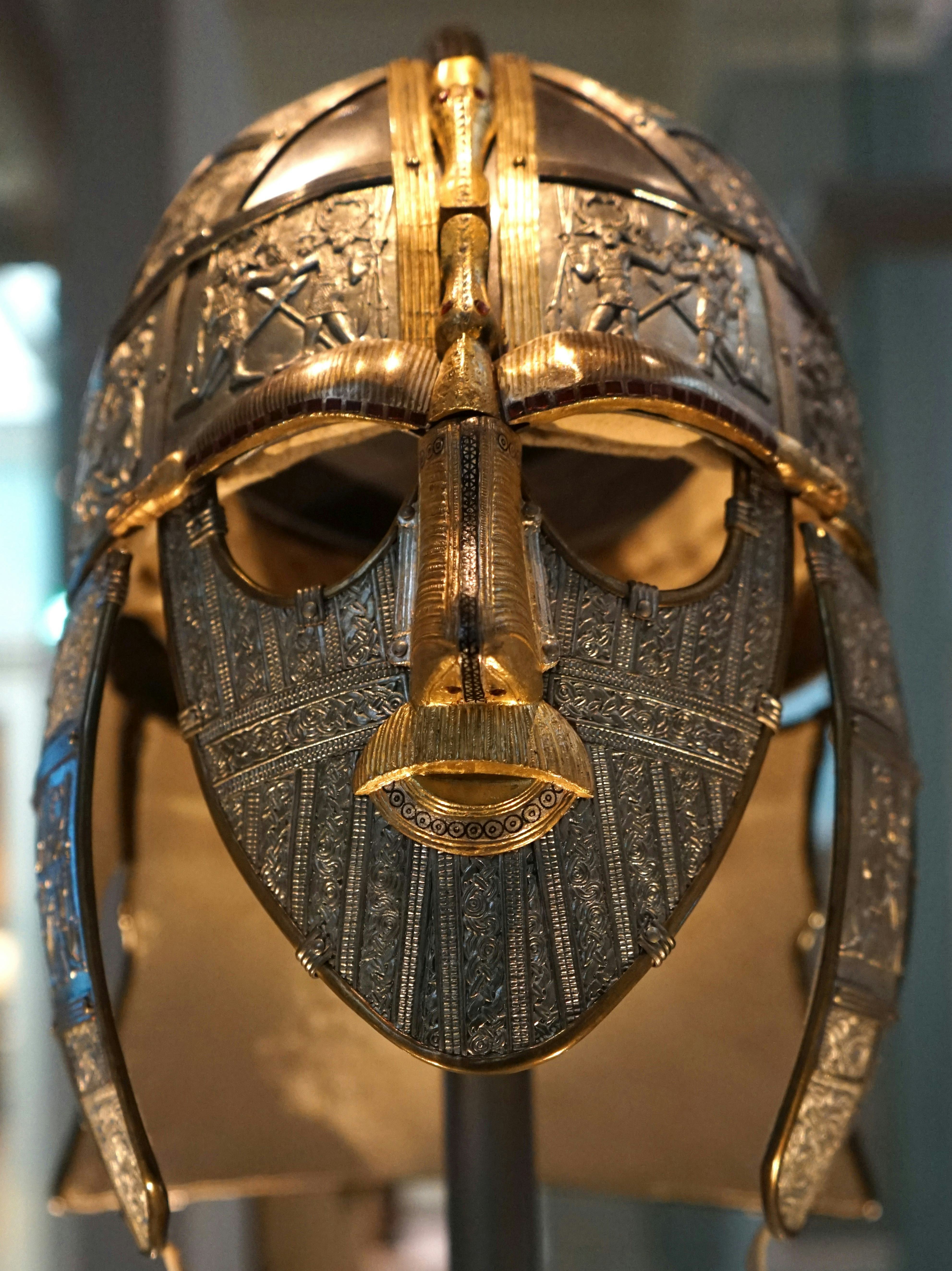 Reconstructed Sutton Hoo Helmet, which was part of the Staffordshire Hoard is the largest hoard of A...