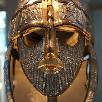 Reconstructed Sutton Hoo Helmet, which was part of the Staffordshire Hoard is the largest hoard of A...