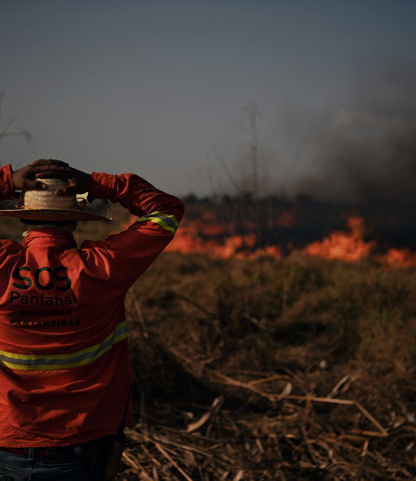 A firefighter looks at a large forest fire in Porto Jofre, Pantanal, Mato Grosso state, Brazil, on S...