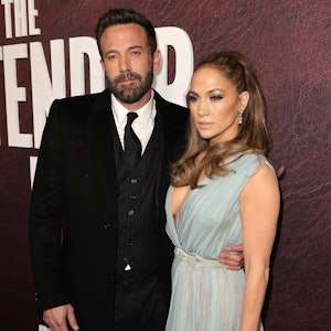 Jennifer Lopez wears blue Elie Saab gown with Ben Affleck.