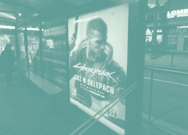 City light poster advertising video game Cyberpunk 2077 is seen in Krakow, Poland on January 2nd, 20...