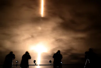 CAPE CANAVERAL, FLORIDA - NOVEMBER 10: A slow shutter speed captures a streak of light from the Spac...