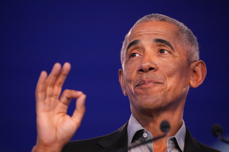 GLASGOW, SCOTLAND - NOVEMBER 08: Former US president Barack Obama speaks during day 9 of COP26 on No...