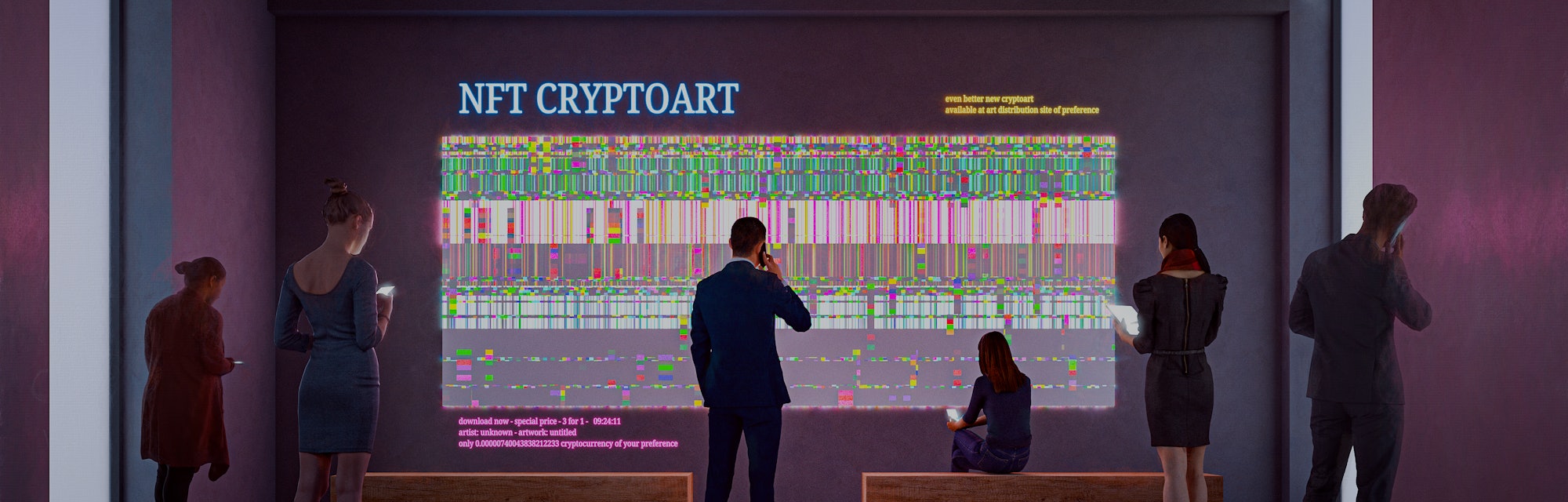NFT CryptoArt display in art gallery with people using smart phones and digital tablets. Entrirely 3...