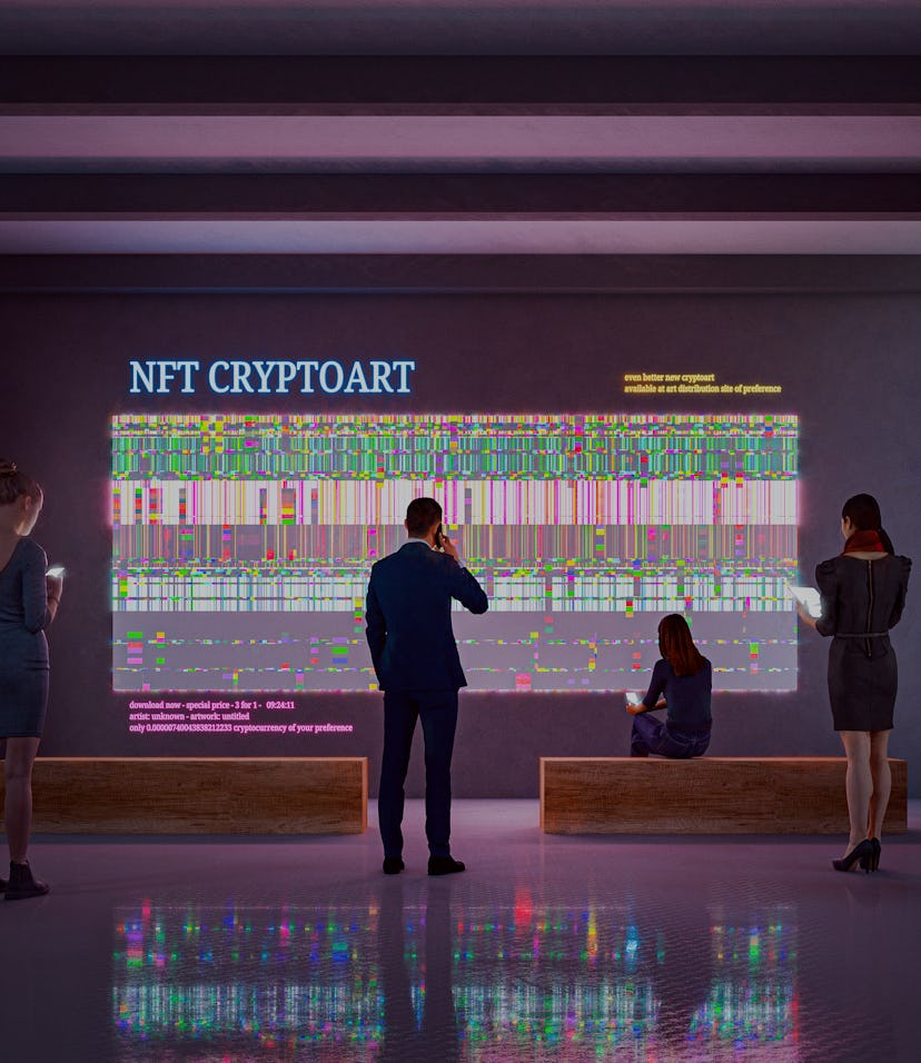 NFT CryptoArt display in art gallery with people using smart phones and digital tablets. Entrirely 3...