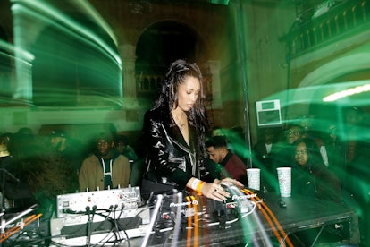 LONDON, ENGLAND - OCTOBER 30:  Snoochie Shy djs at the launch of the first European Wingstop. With m...