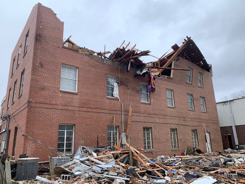 The First United Methodist Church is seen with a collapsed roof after tornados touched down several ...