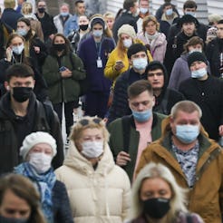 ST PETERSBURG, RUSSIA OCTOBER 6, 2021: Passengers at Nevsky Prospekt station of the St Petersburg U...