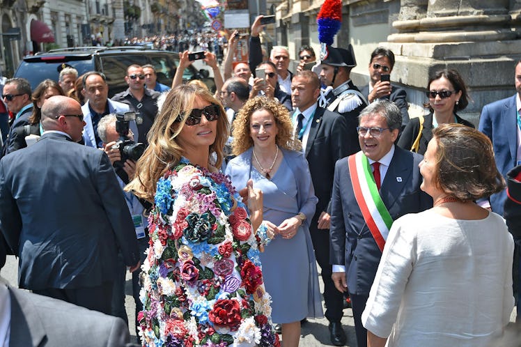 US First Lady Melania Trump arrives for a visit at the Chierici Palace City Hall of Catania on the s...