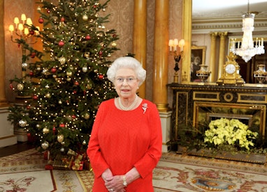 Queen Elizabeth II stands in the 1844 Room of Buckingham Palace in London after recording her Christ...