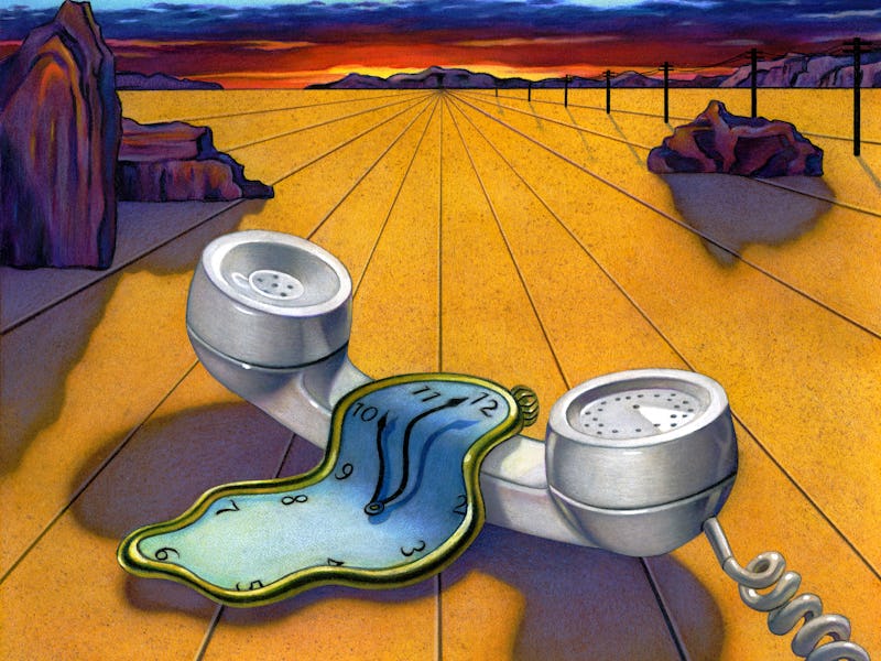 An illustration in the style of Salvador Dali, with a sunset landscape, rotary phone, and melting cl...