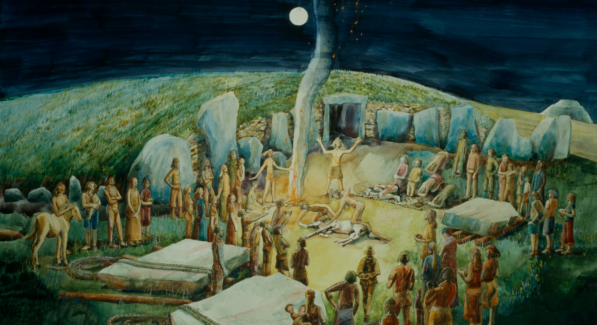 Neolithic ceremony at West Kennet Long Barrow, Wilshire, circa 1985-c2012. Reconstruction drawing. A...