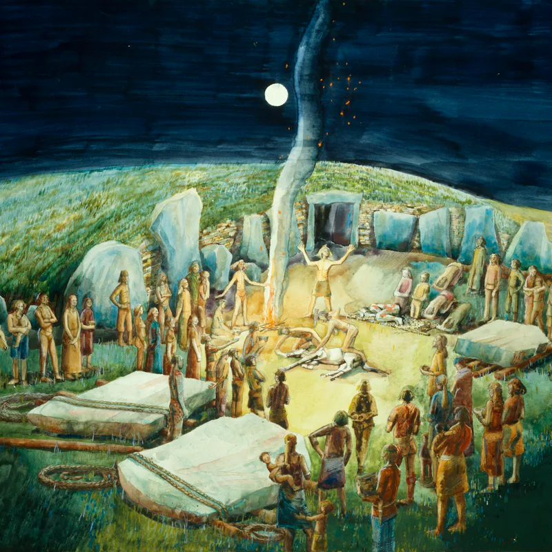 Neolithic ceremony at West Kennet Long Barrow, Wilshire, circa 1985-c2012. Reconstruction drawing. A...