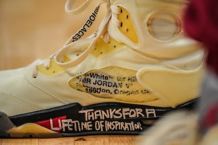 MIAMI, FLORIDA - NOVEMBER 29: A detailed view of the Nike Air Jordan Off-White sneakers worn by P.J....