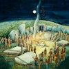 Neolithic ceremony at West Kennet Long Barrow, Wilshire, circa 1985-c2012. Reconstruction drawing. A...