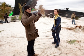 Scottish actor James McAvoy as Charles Xavier and English director Matthew Vaughn filming a scene fo...