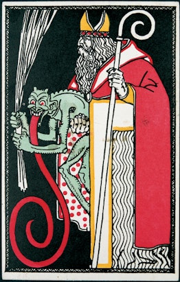 AUSTRIA - JANUARY 01:  Krampus (Devil) and Santa Claus. Felicitation Card. Postcard by the Viennese ...