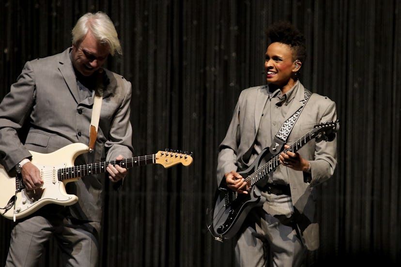 David Byrne and guitarist Angie Swan perform in American Utopia on Broadway.
