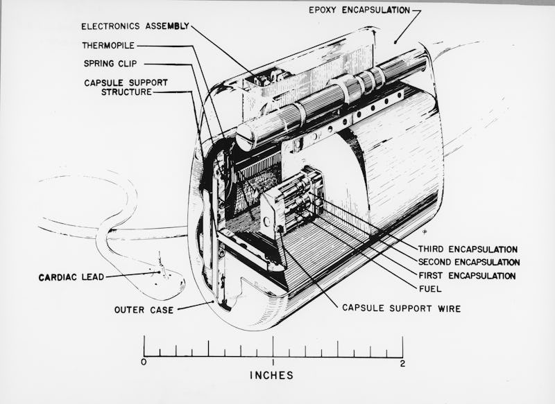 Exploded-view diagram of the major components of the nuclear-powered cardiac pacemaker, October 1969...