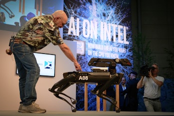 CEBIT, HANOVER, GERMANY - 2018/06/13: Marc Reibert, founder of Boston Dynamics, presented the SpotMi...