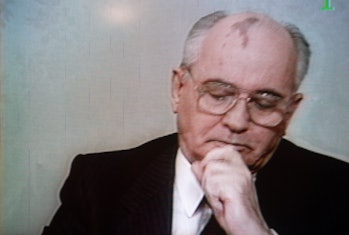 Soviet President Mikhail Gorbachev looks downcast as he addresses the Nation to announce his resigna...