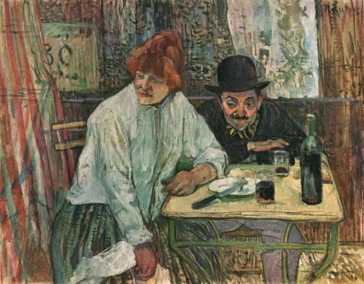 At the Café La Mie', circa 1891, (1952). Man and woman drinking at a table, based on a staged photog...