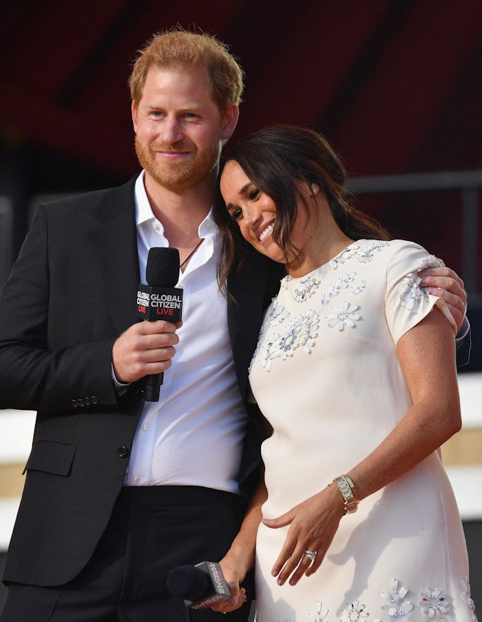 Britain's Prince Harry and Meghan Markle speak during the 2021 Global Citizen Live festival at the G...