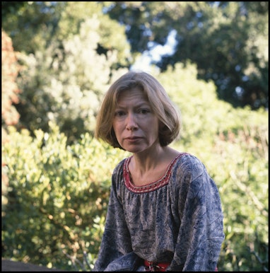Portrait of American author Joan Didion as she poses outdoors, Berkeley, California, April 1981. (Ph...