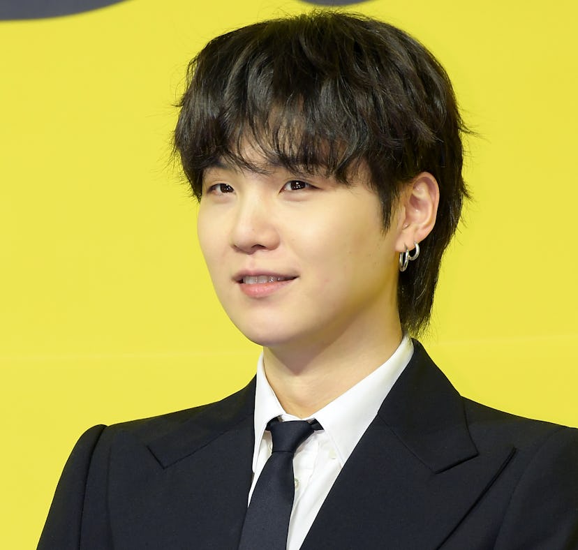 SEOUL, SOUTH KOREA - MAY 21: Suga of BTS attends a press conference for BTS's new digital single 'Bu...