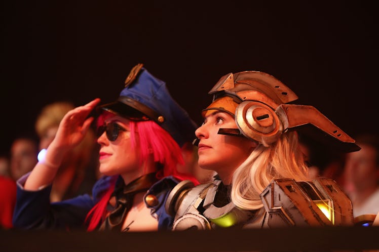 PARIS, FRANCE - OCTOBER 1: Fans cosplay as Office Vi and PROJECT: Leona at the League of Legends Wor...