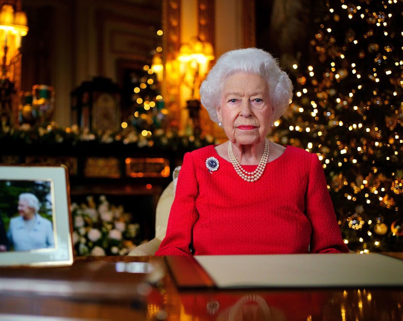 Queen Elizabeth II records her annual Christmas broadcast in the White Drawing Room in Windsor Castl...