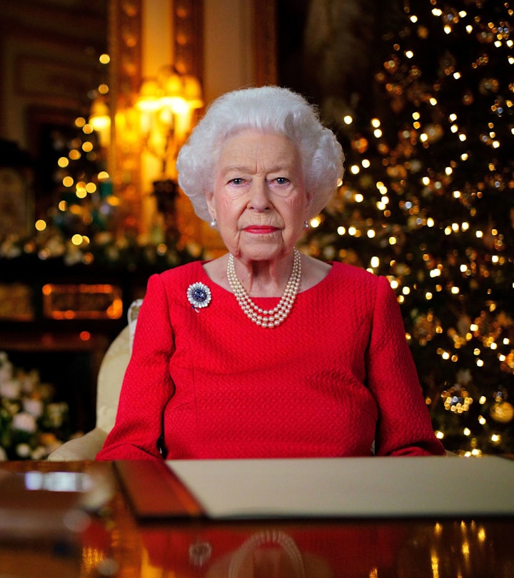 Queen Elizabeth II records her annual Christmas broadcast in the White Drawing Room in Windsor Castl...