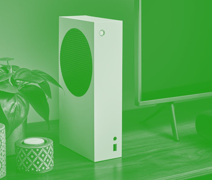 Living room with a Microsoft Xbox Series S home video game console alongside a television and soundb...