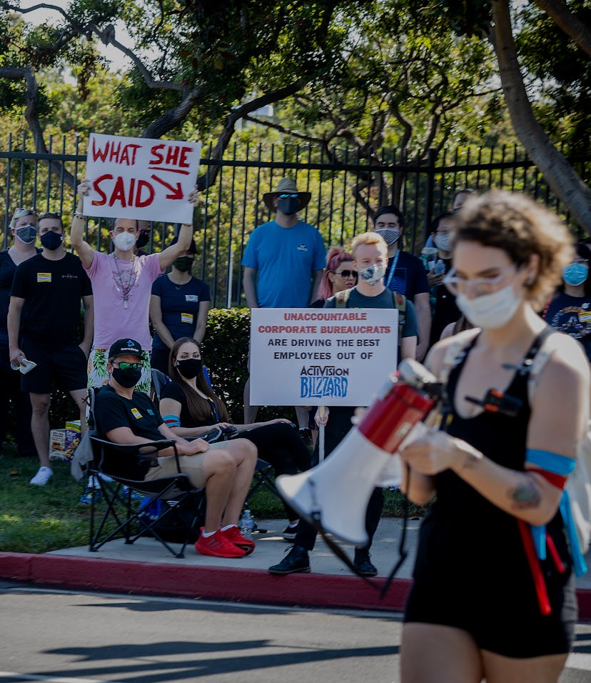 Irvine, CA - July 28: Several hundred Activision Blizzard employees stage a walkout which they say i...