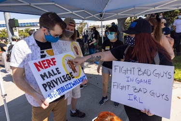 Employees of the video game company, Activision Blizzard, hold a walkout and protest rally to denoun...