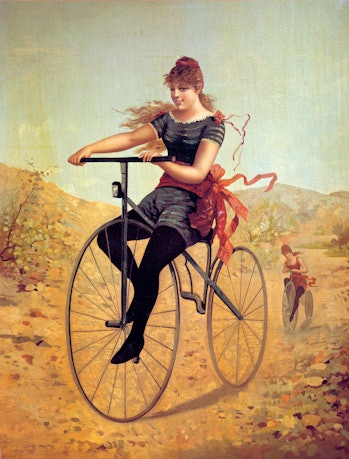 History of the bicycle : woman pedaling her bicycle. 19th century's Print (Photo by Leemage/Corbis v...