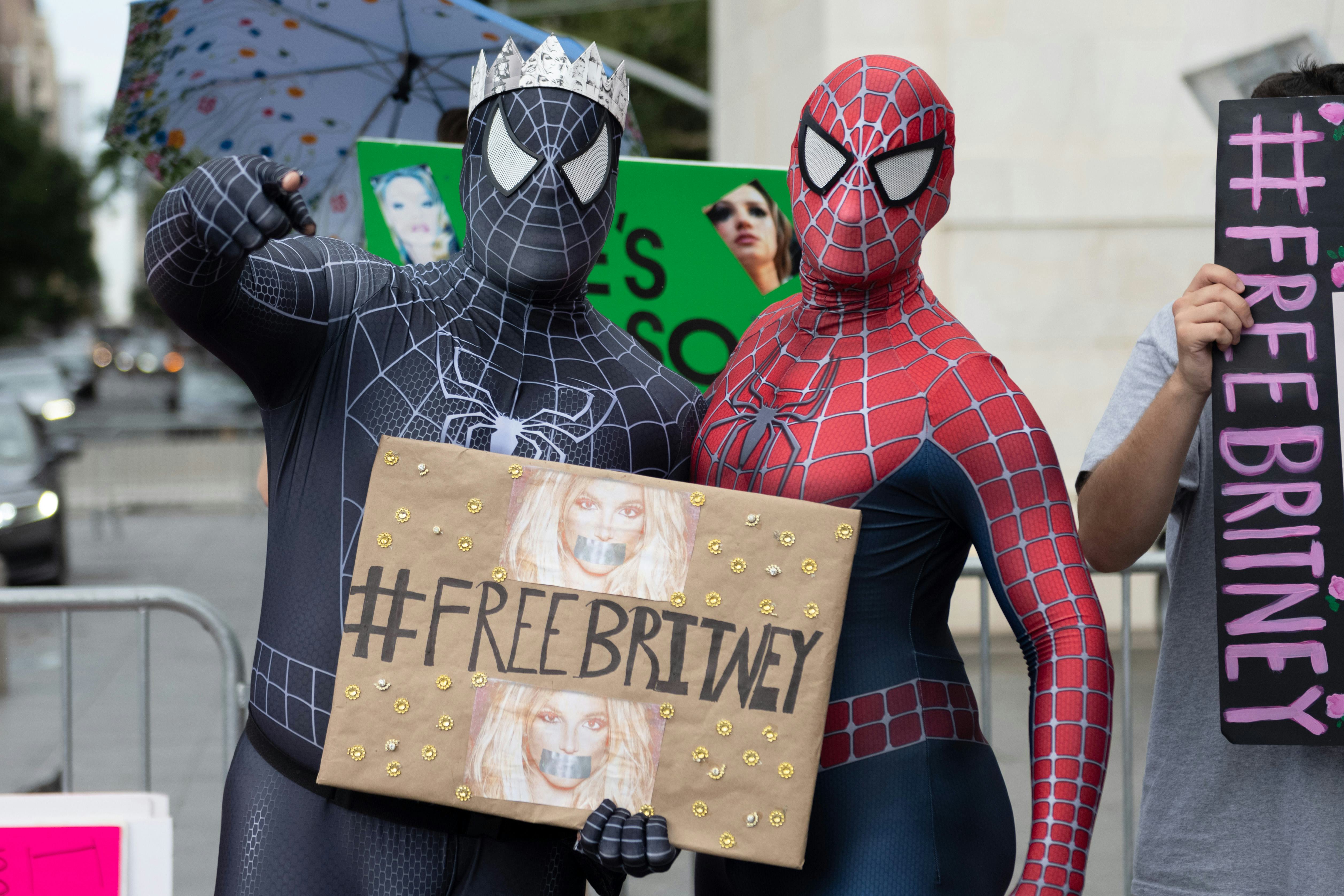 Britney Spears supporters, dressed in Marvel&rsquo;s Spiderman costumes, attend the #FreeBritney Rally in &hellip;