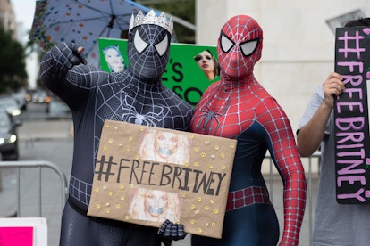 Britney Spears supporters, dressed in Marvel's Spiderman costumes, attend the #FreeBritney Rally in ...