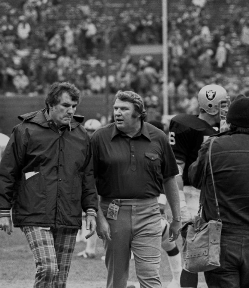 CLEVELAND, OH - OCTOBER 09: Head coaches Forrest Gregg of the Cleveland Browns (L) and John Madden o...