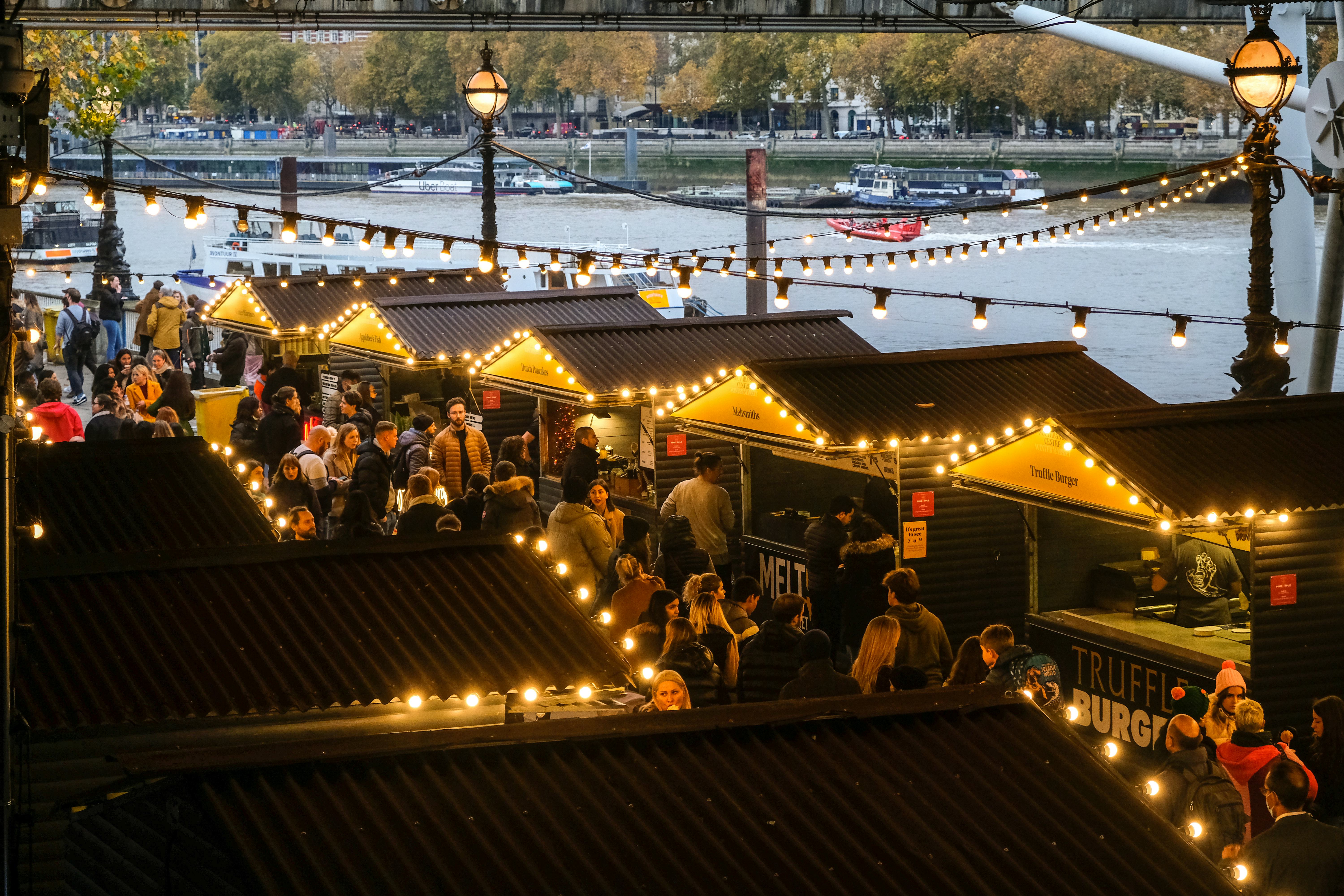 The Christmas market under Hungerford Bridge on London&rsquo;s Southbank.