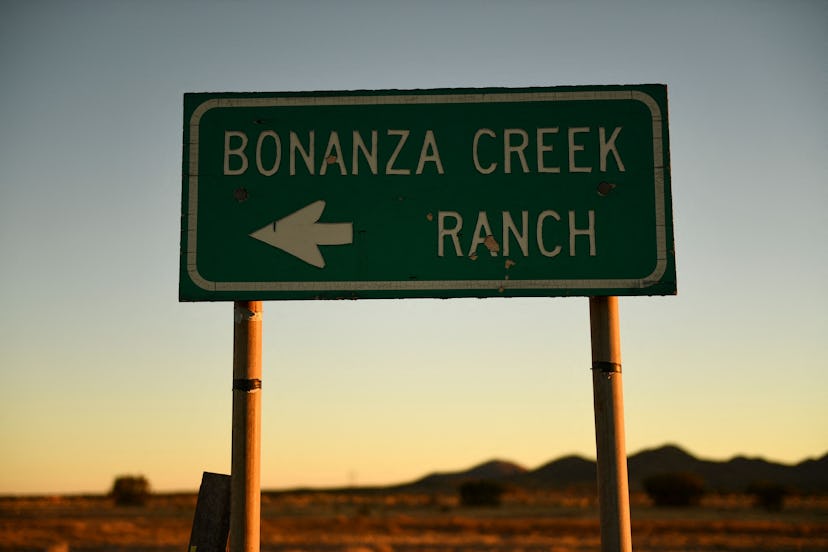 Signage indicating the location of the Bonanza Creek Ranch film set, near where a crew member was fa…