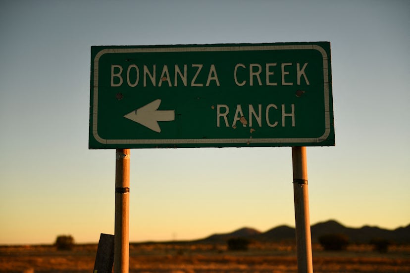 Signage indicating the location of the Bonanza Creek Ranch film set, near where a crew member was fa...