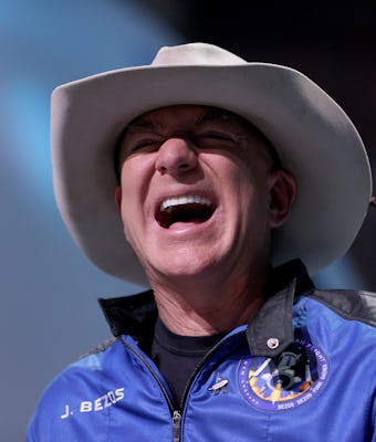 VAN HORN, TEXAS - JULY 20: Jeff Bezos laughs as he speaks about his flight on Blue Origin’s New Shep...